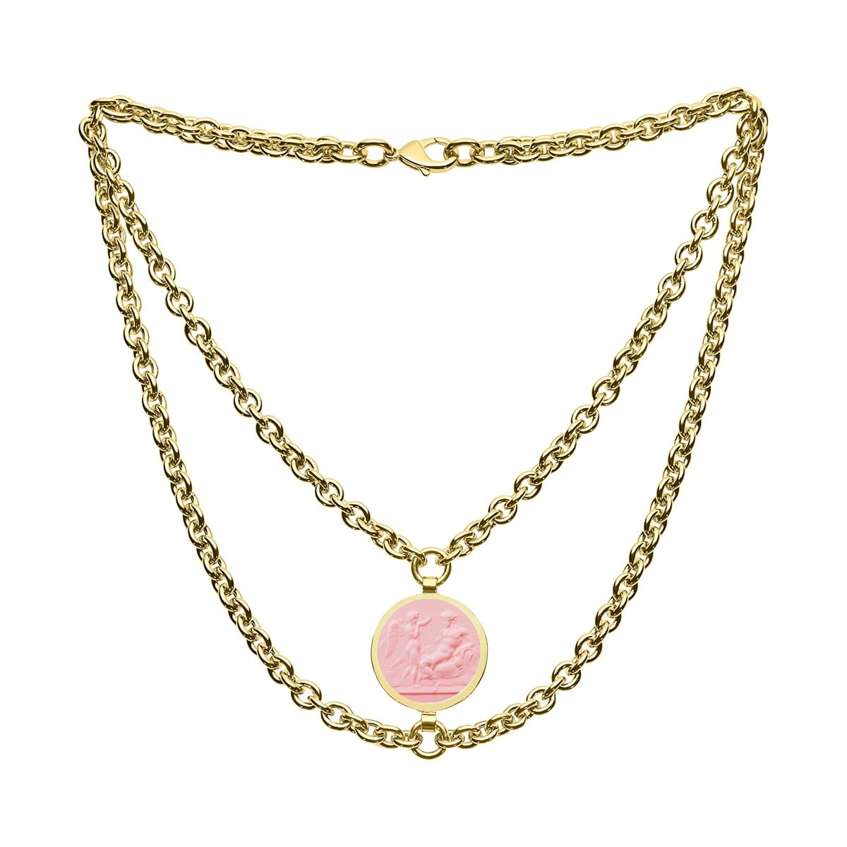 Gold chain necklace with a pink pendant on a white background