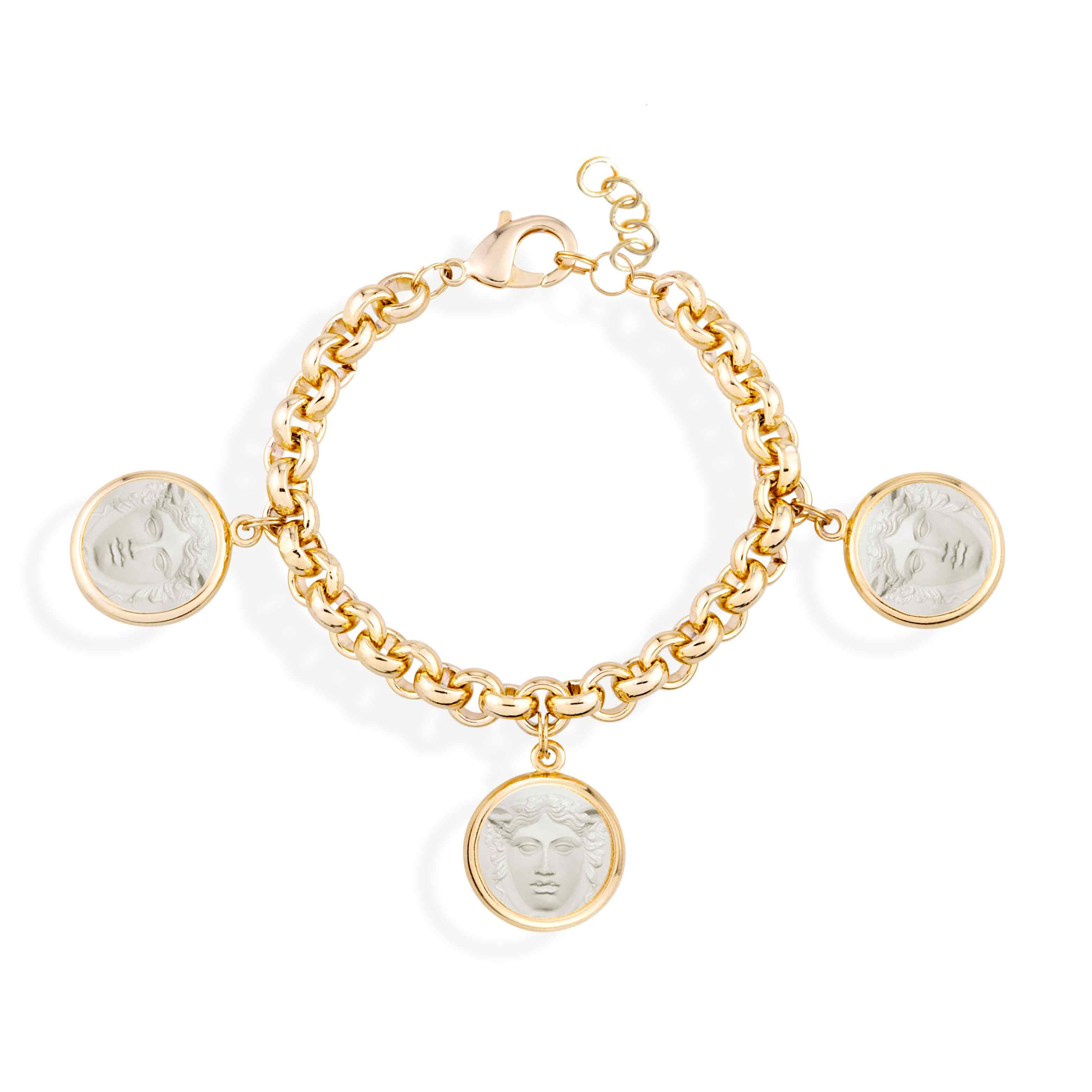 Gold chain bracelet with coin charms on a white background