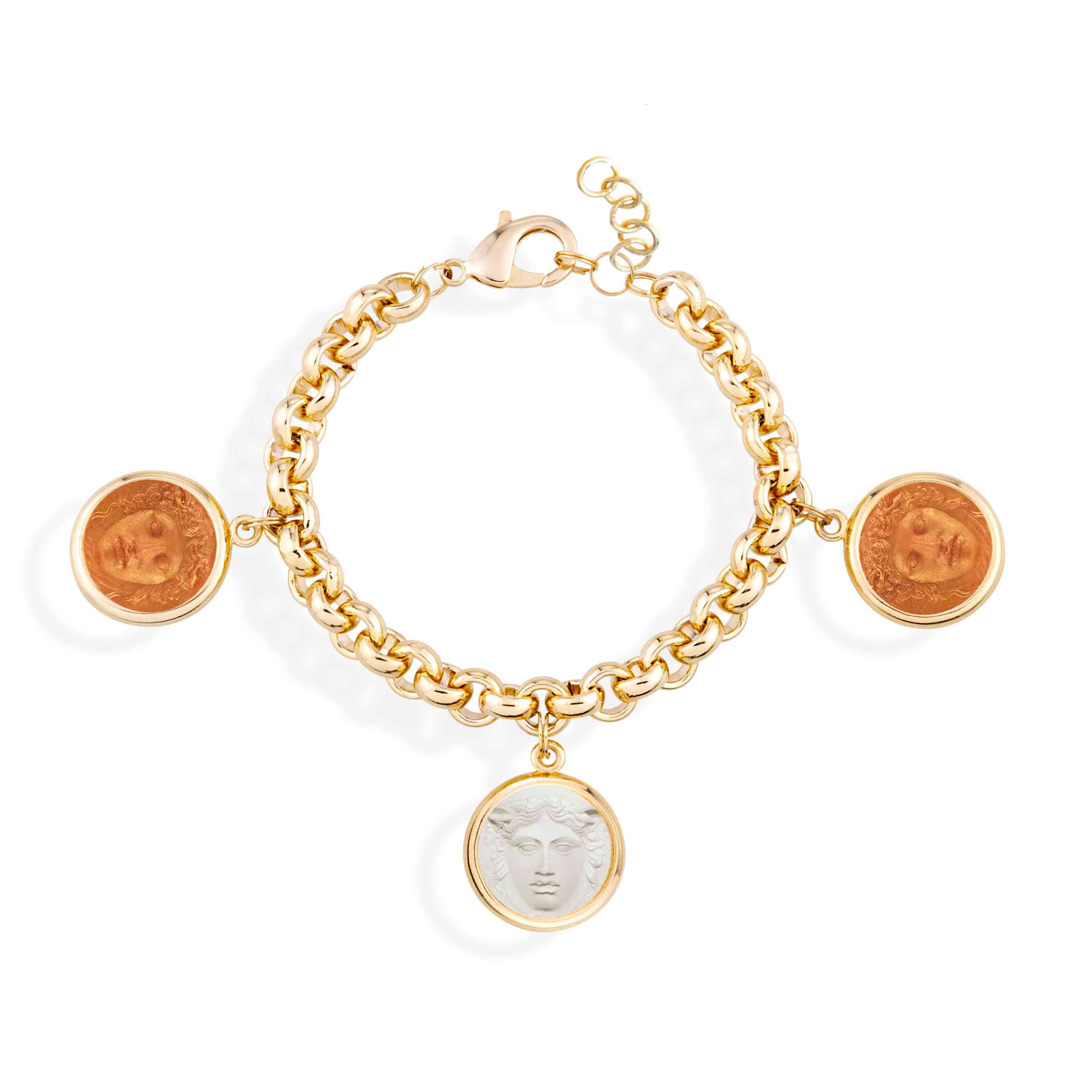 Gold chain bracelet with coin charms on a white background